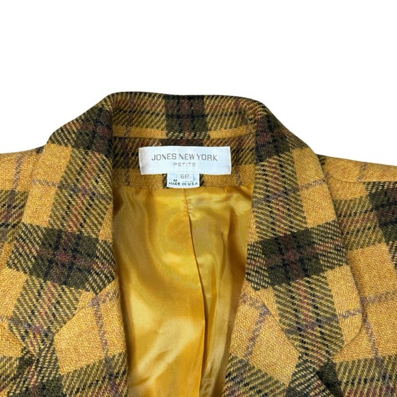 Vintage Jones New York Womens Yellow Gold Plaid Jacket Blazer Size 6P - Picture 2 of 3